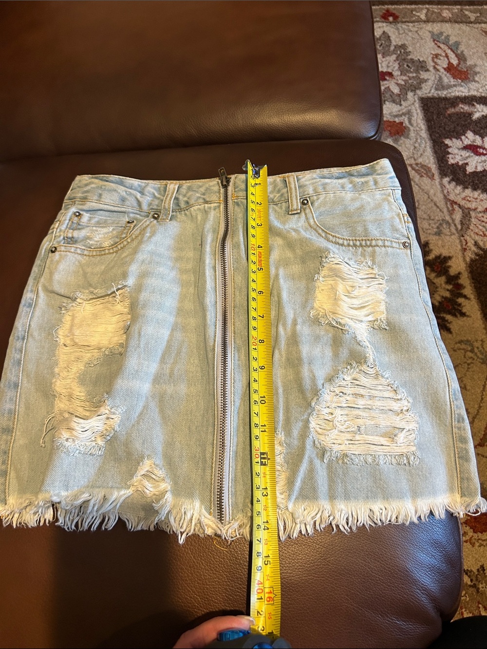 Forever 21 Light Wash Distressed Denim Mini Skirt with Front Zip